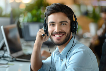 happy Male contract service representative telemarketing operator smiling to camera. Happy man call center agent or salesman wearing headset working in customer support office.