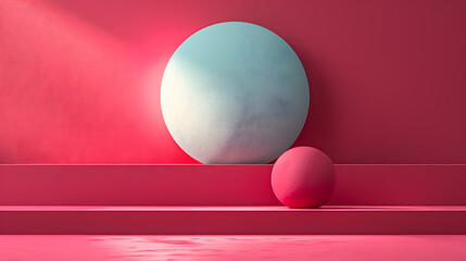 Modern Artistic Display of Blue Textured Circle and Red Sphere on Vibrant Red Background