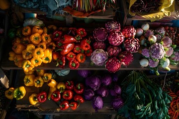 A variety of crisp colorful vegetables arranged attractively in a market. Concept Market Display, Fresh Vegetables, Colorful Arrangement, Food Photography, Vibrant Produce