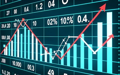 Close-up financial chart featuring uptrend line candlestick graph on blue monitor background