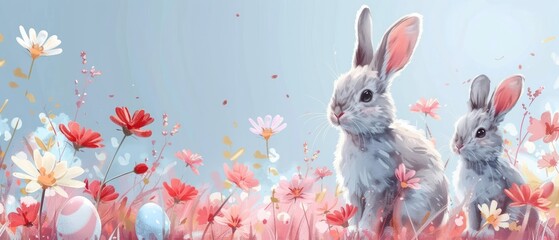 Easter rabbit sitting among colorful painted eggs and wildflowers