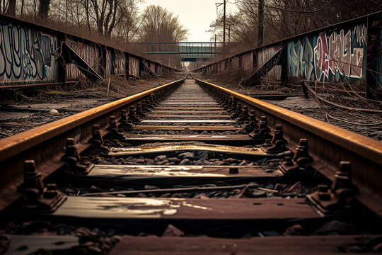 Old railroad tracks and rails in the city in winter - desolate, deserted surroundings, devoid of people