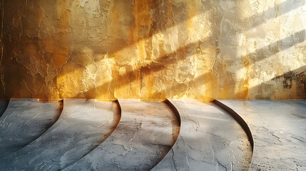 Golden Sunlight Illuminating Textured Concrete Wall and Curved Shadows, Abstract Architectural Photography