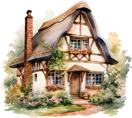 Hand drawn illustration of traditional English village house isolated on white background. Watercolor cozy house with thatched roof, plants and sky.