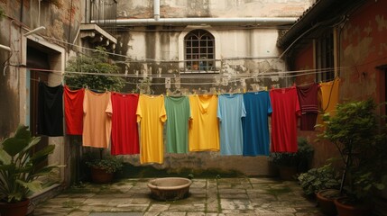 Fototapeta na wymiar Multi-color t-shirts on a clothesline