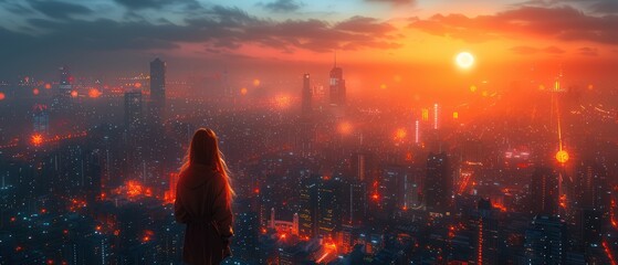 Solitary figure overlooking a vibrant cityscape at sunset