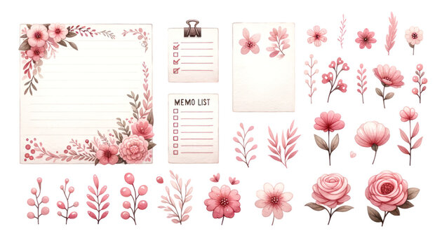 watercolor memo list items with cute floral designs in shades of pink,isolated on a white background, suitable for organization and scrapbooki