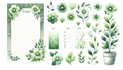 watercolor memo list items with cute floral designs in shades of green, isolated on a white background, suitable for organization and scrapbooki - obrazy, fototapety, plakaty