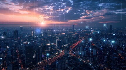Digital network grid overlaying a dense urban cityscape at dusk
