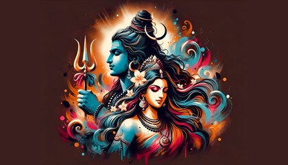 Illustration for maha shivratri in a grunge style with lord shiva and goddess parvati.
