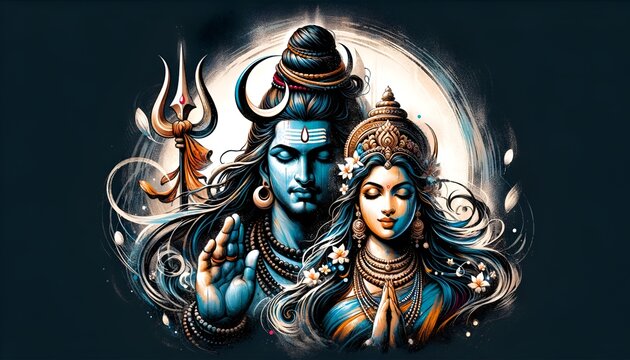Illustration for maha shivratri with lord shiva and parvati in a grunge style.