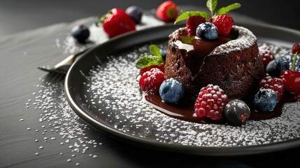 Decadent chocolate lava cake with fresh berries on dark plate