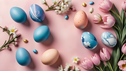 Stylish easter eggs and spring flowers border on pink paper flat lay, space for text. Modern natural dyed blue and marble easter eggs. Happy Easter. Greeting card template 