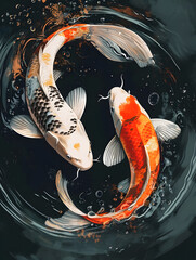 Koi fish, soft colors, flowing threads forming beautiful topographical curves