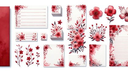 watercolor memo list items with cute floral designs in shades of red, isolated on a white background, suitable for organization and scrapbooki