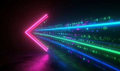 Fototapeta na wymiar A looped 3d animation of a neon arrow isolated on a black background. Luminous lines and pulses glide along a geometric path, Generative AI