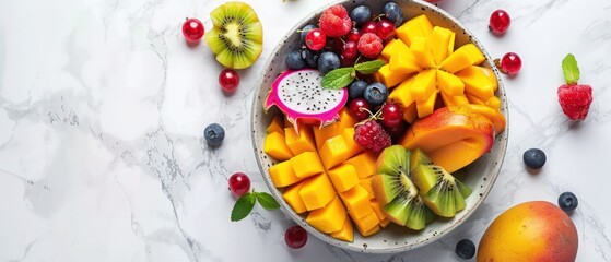 Colorful tropical fruit platter with a variety of fresh slices