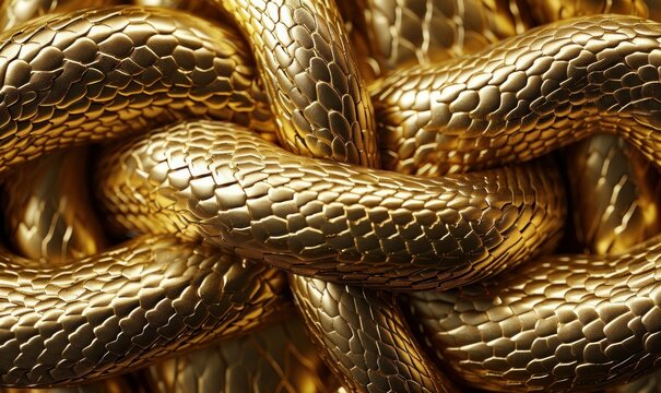 3d render, abstract fantasy background with wavy tangled golden snakes, shiny metallic dragon scales texture, unique wallpaper, Generative AI