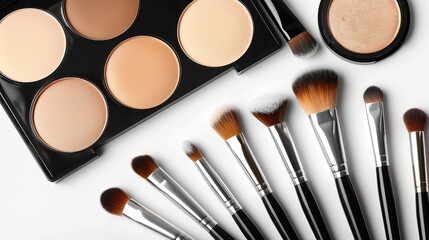 Concept for Makeup Beauty Fashion.  Top view of a white background with professional brushes used for face tone foundation and contouring palette.
