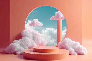 3d render, abstract peachy geometric background, modern minimal showcase scene with empty podium for product presentation, white clouds fly inside the room through the arch window, Generative AI