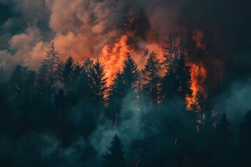 Intense Forest Fire Producing Billows of Thick Smoke. Concept Forest Fires, Dense Smoke, Dangerous Situations, Natural Disasters, Emergency Responses - obrazy, fototapety, plakaty