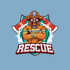 Vector Illustration Fire Fighter Wearing Mask with Two Axes and RESCUE text Esport Logo