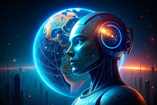 Cyborg with futuristic HUD background. Artificial intelligence concept. 3D illustration