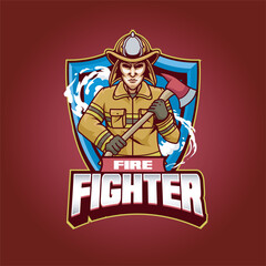 Vector Illustration Fire Fighter Carrying Axe with FIRE FIGHTER text Esport Logo