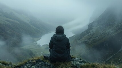 Lone person overlooking a vast foggy mountain landscape at dawn - obrazy, fototapety, plakaty