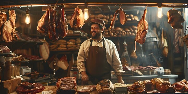 A proud artisan butcher displaying his local shop of charcuterie delicacies. Concept Artisan Butcher, Local Shop, Charcuterie Delicacies, Proud Display, Handcrafted Meats