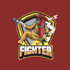 Vector Illustration Fire Fighter Carrying a Fire Hose with FIGHTER text Esport Logo