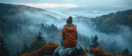 Möbelaufkleber Lone person overlooking a vast foggy mountain landscape at dawn © David