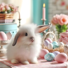 Cute fluffy white rabbit sitting on the table with Easter decorations in pastel colors
