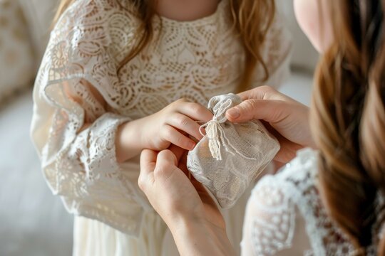 The godparents give the girl a gift for First Holy Communion. Decorational bags are used for First Holy Communion gifts.