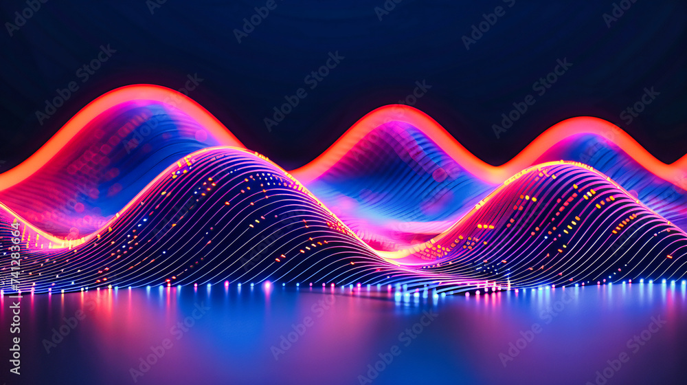Aufkleber neon waves in digital space, abstract technology background, futuristic network and data flow concep