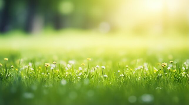 Green grass field and blue sky create a summer landscape background with a blurred bokeh effect.