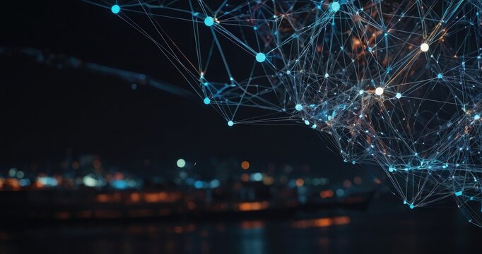 abstract network connection lights with blur city background 