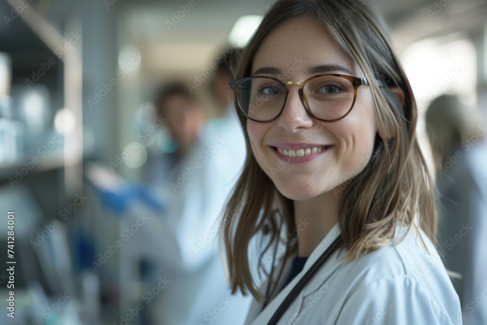 Aufkleber an image of a young doctor using a digital tablet in a hospital with her colleagues in the backgroun