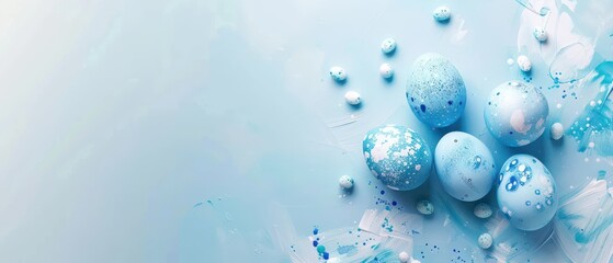 Blue Easter eggs scattered on a vibrant blue painted artistic background - obrazy, fototapety, plakaty