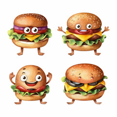 Hand-drawn burger set of vector funny cartoon illustration