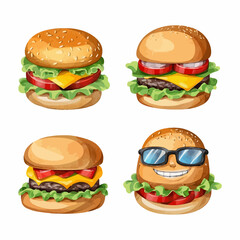 Hand-drawn burger set of vector funny cartoon illustration