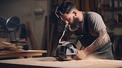 Carpenter working with electric planer on wooden plank in workshop. Craftsman makes own successful small business. AI Generated - obrazy, fototapety, plakaty