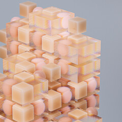 Beige Abstract background of 3d floating mesh. Modern plastic pastel cubes, 3d rendering design of abstract cubic pattern. Abstract mock up scene pastel color