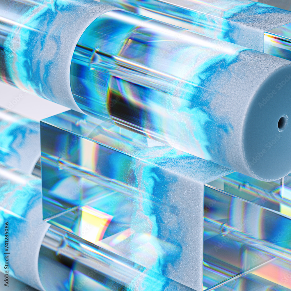 Poster detailed reflections and refractions. 3d render background with abstract transparent geometry with d