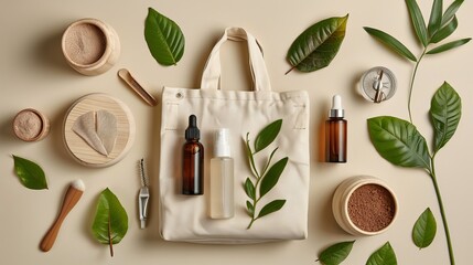 Eco-friendly cotton reusable bag. Fresh natural leaves around. Organic, zero waste cosmetics concept. Women's bag with accessories.  - obrazy, fototapety, plakaty