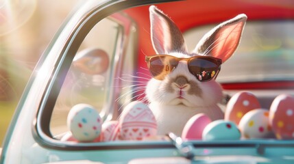 Bunny with sunglasses in a vintage car - obrazy, fototapety, plakaty