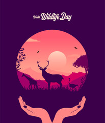 World Wildlife Day with the animals and forest background silhouette for social media banner