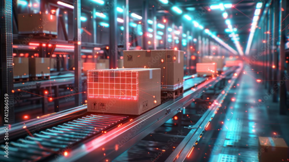 Poster a futuristic warehouse with smart conveyor belts and illuminated by neon lights. the boxes are equip