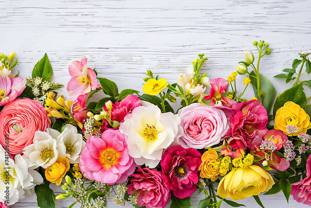 Poster Vibrant Floral Beautiful bouquet on white wooden background. Flower frame.