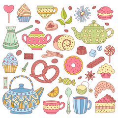 Tea, coffee and dessert elements in doodle style. Baking and sweets for your design. - 741286633